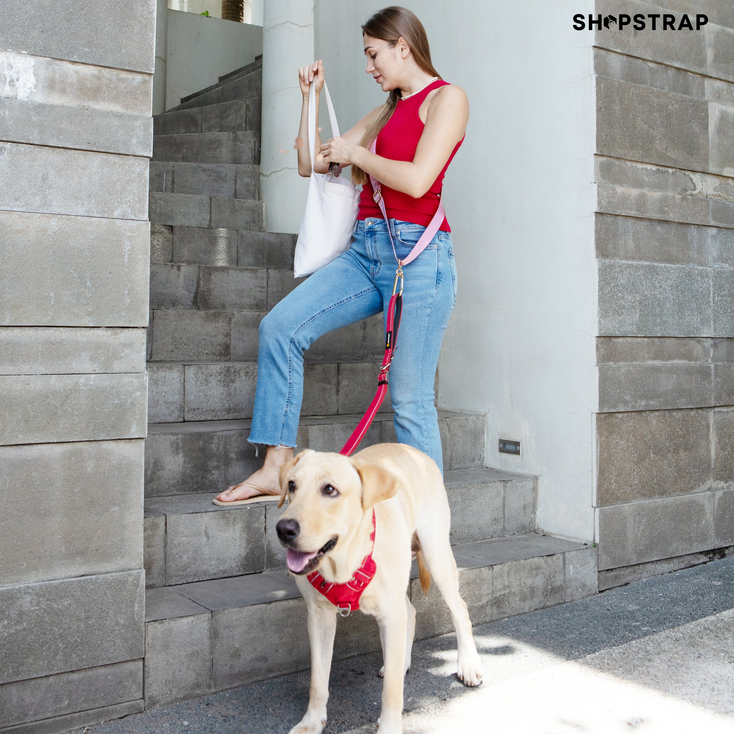 Shopstrap versatile hands-free shopping strap, bag carrier, click and carry, Pink Peony, hands free leash, dog leash.