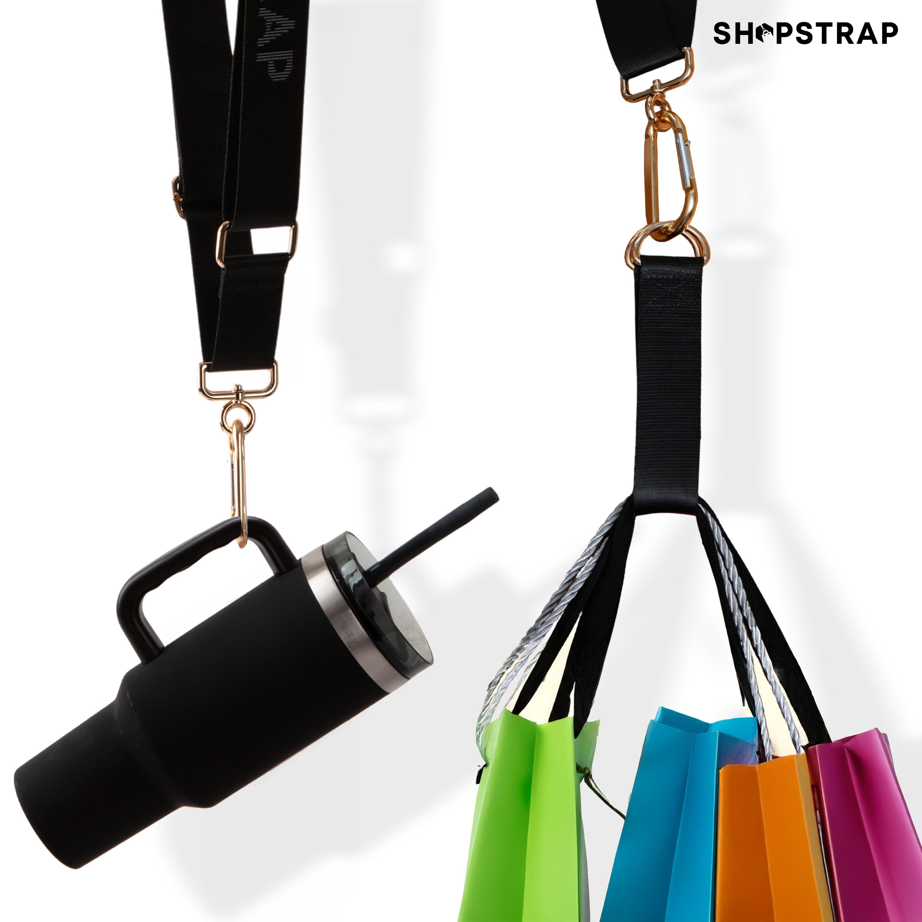 Shopstrap versatile hands-free shopping strap, bag carrier, click and carry, Midnight Black, multi-purpose, shopping bags, tumblers.