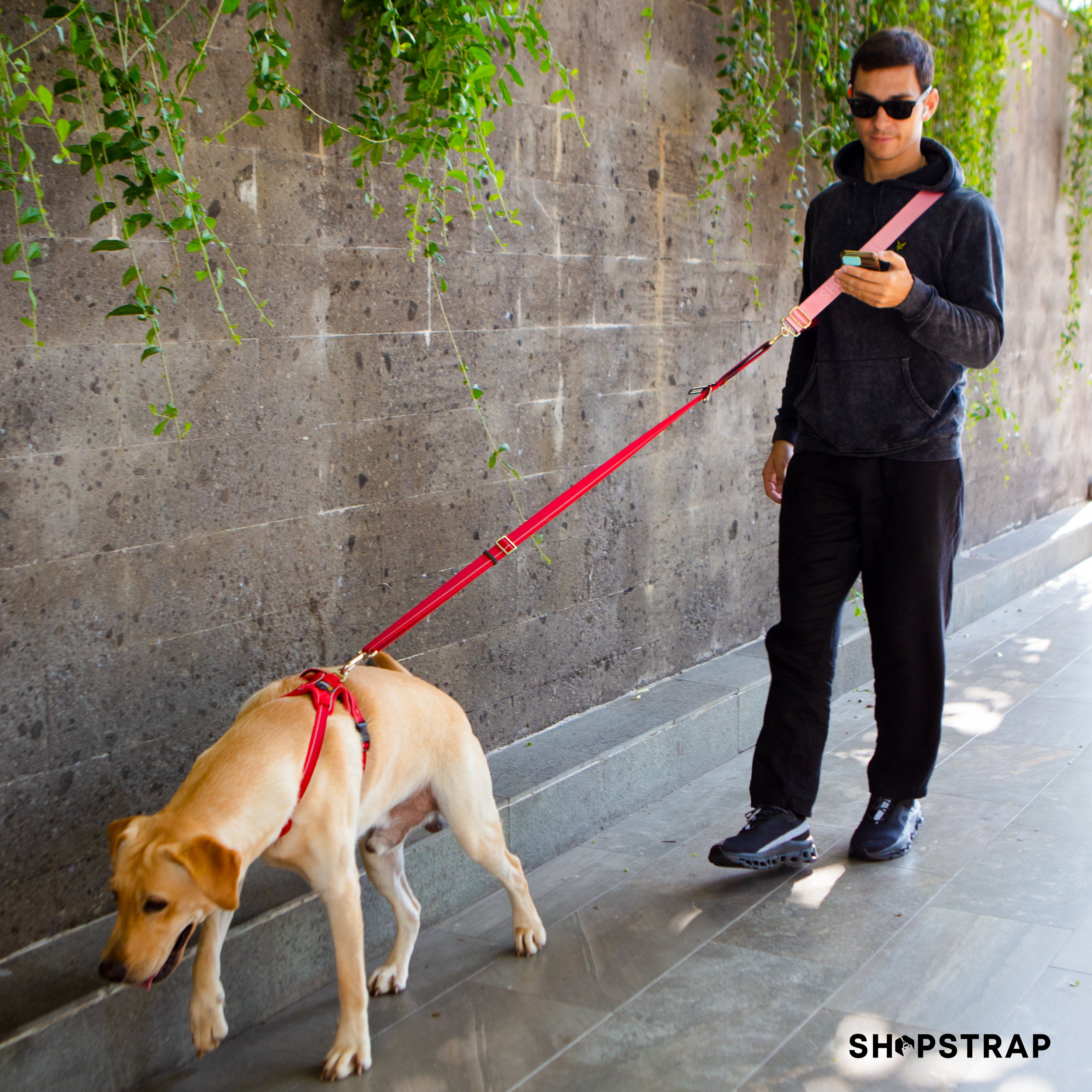 Shopstrap versatile hands-free shopping strap, bag carrier, click and carry, Pink Peony, dog walking, hands free dog leash