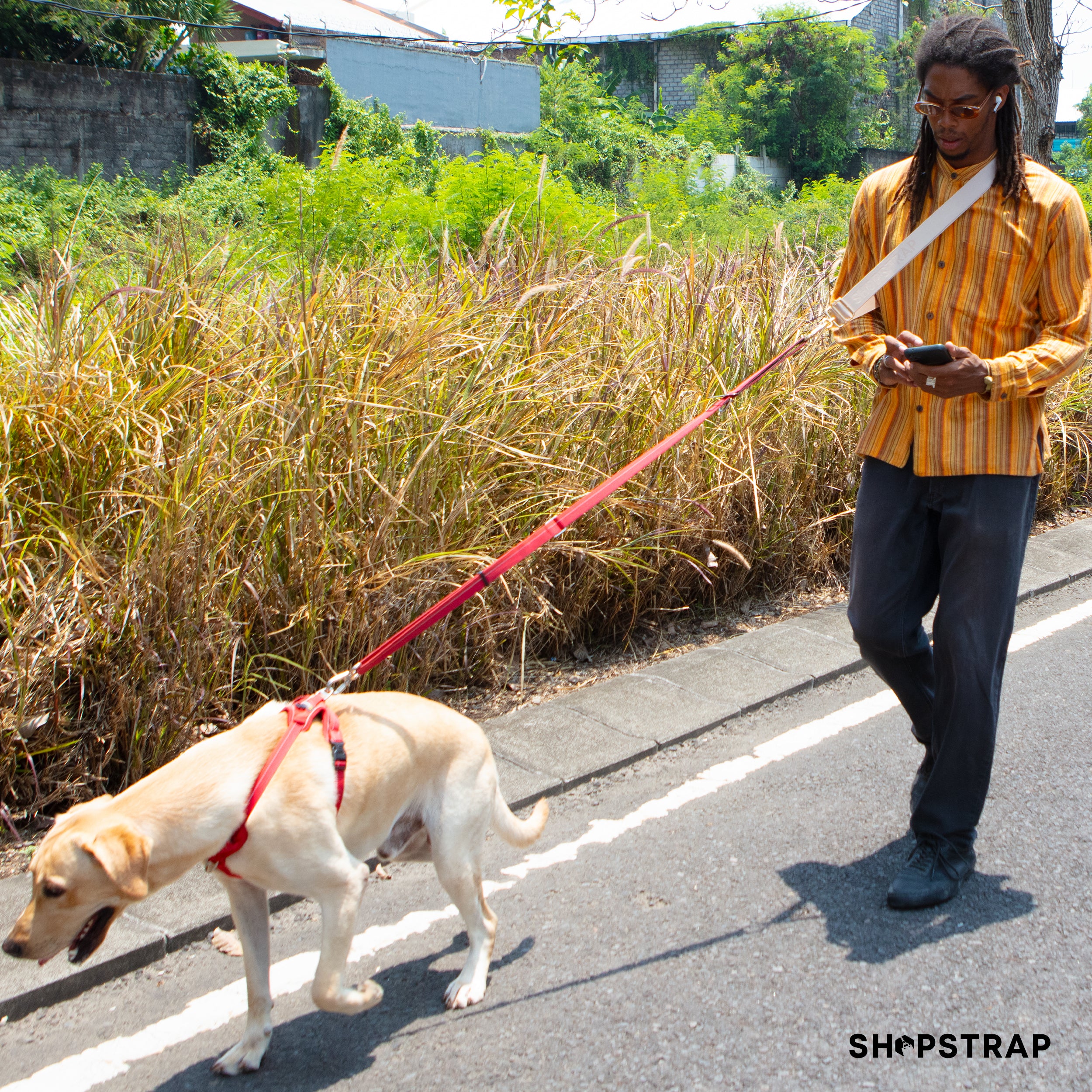 Shopstrap versatile hands-free shopping strap, bag carrier, click and carry, Shopstrap Beige, hands free leash, dog leash.