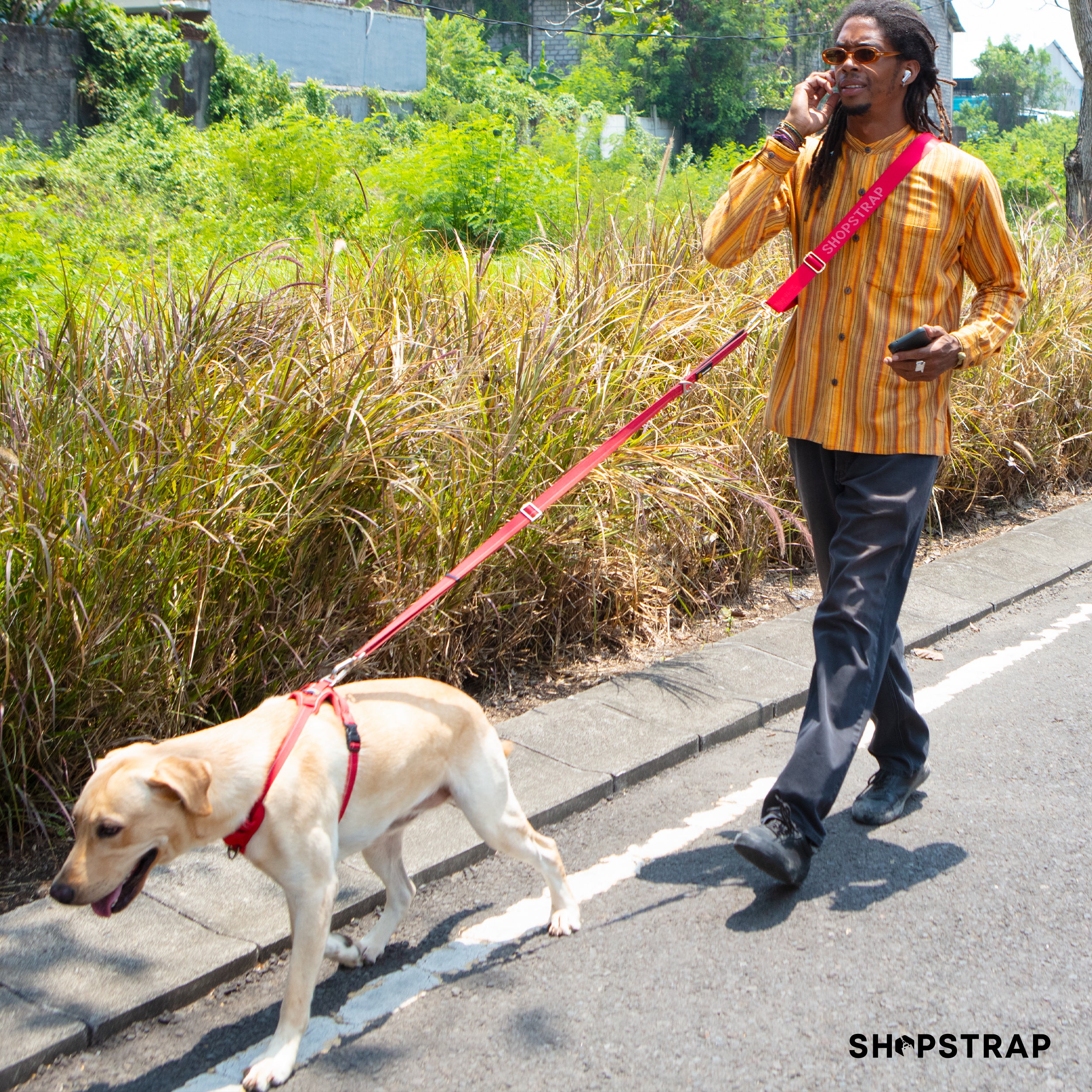 Shopstrap versatile hands-free shopping strap, bag carrier, click and carry, Scarlet Red, hands free leash, dog leash.