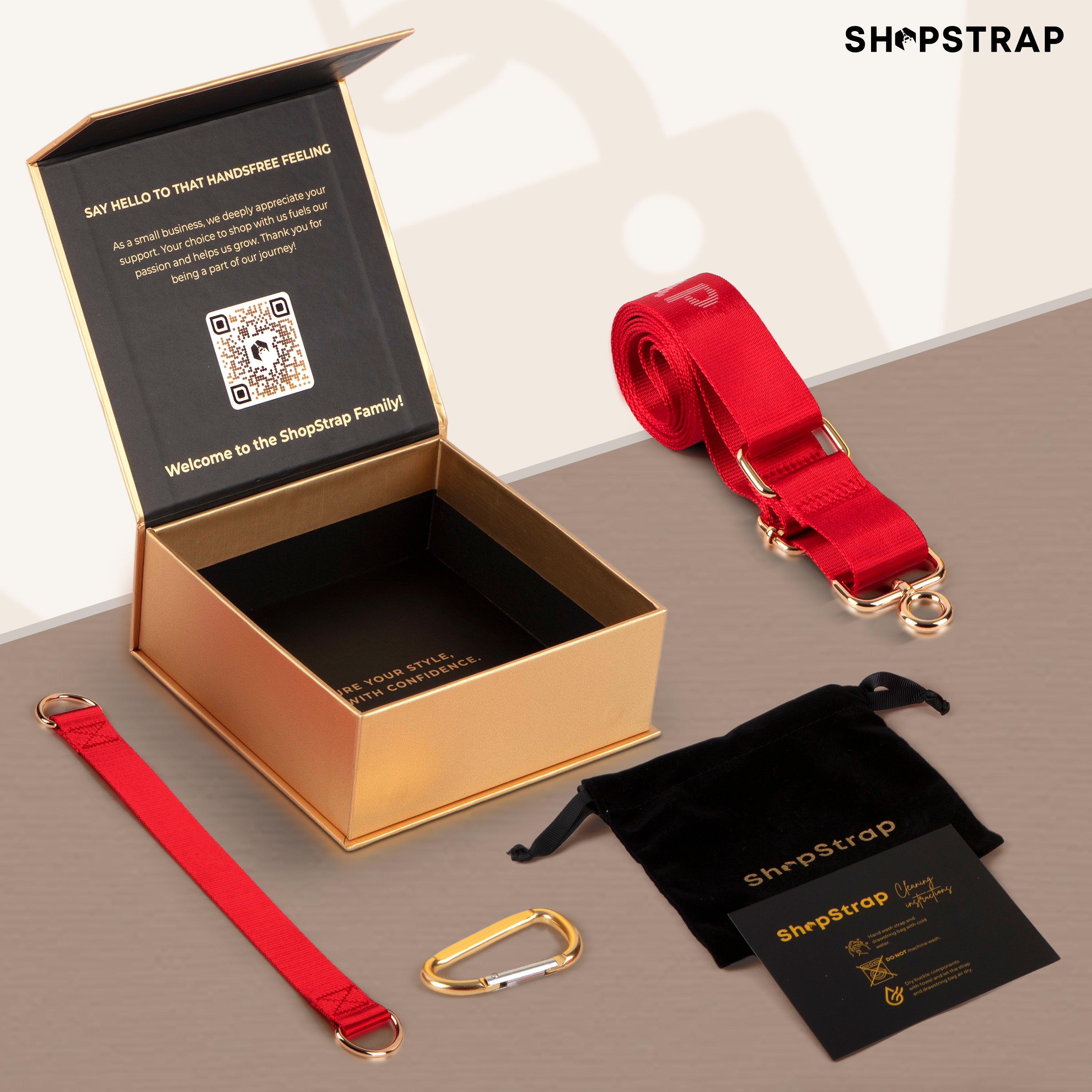 Shopstrap versatile hands-free shopping strap, bag carrier, click and carry, scarlet Red, The perfect shopping gift.