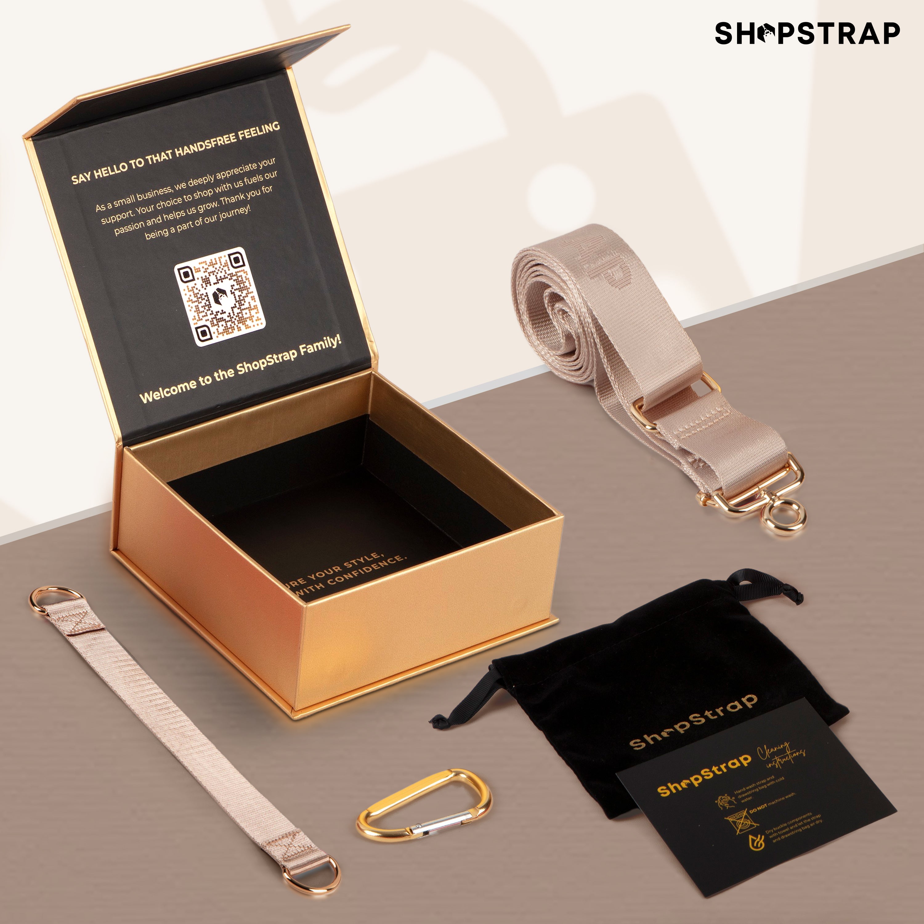 Shopstrap versatile hands-free shopping strap, bag carrier, click and carry, Shopstrap Beige, The perfect shopping gift.
