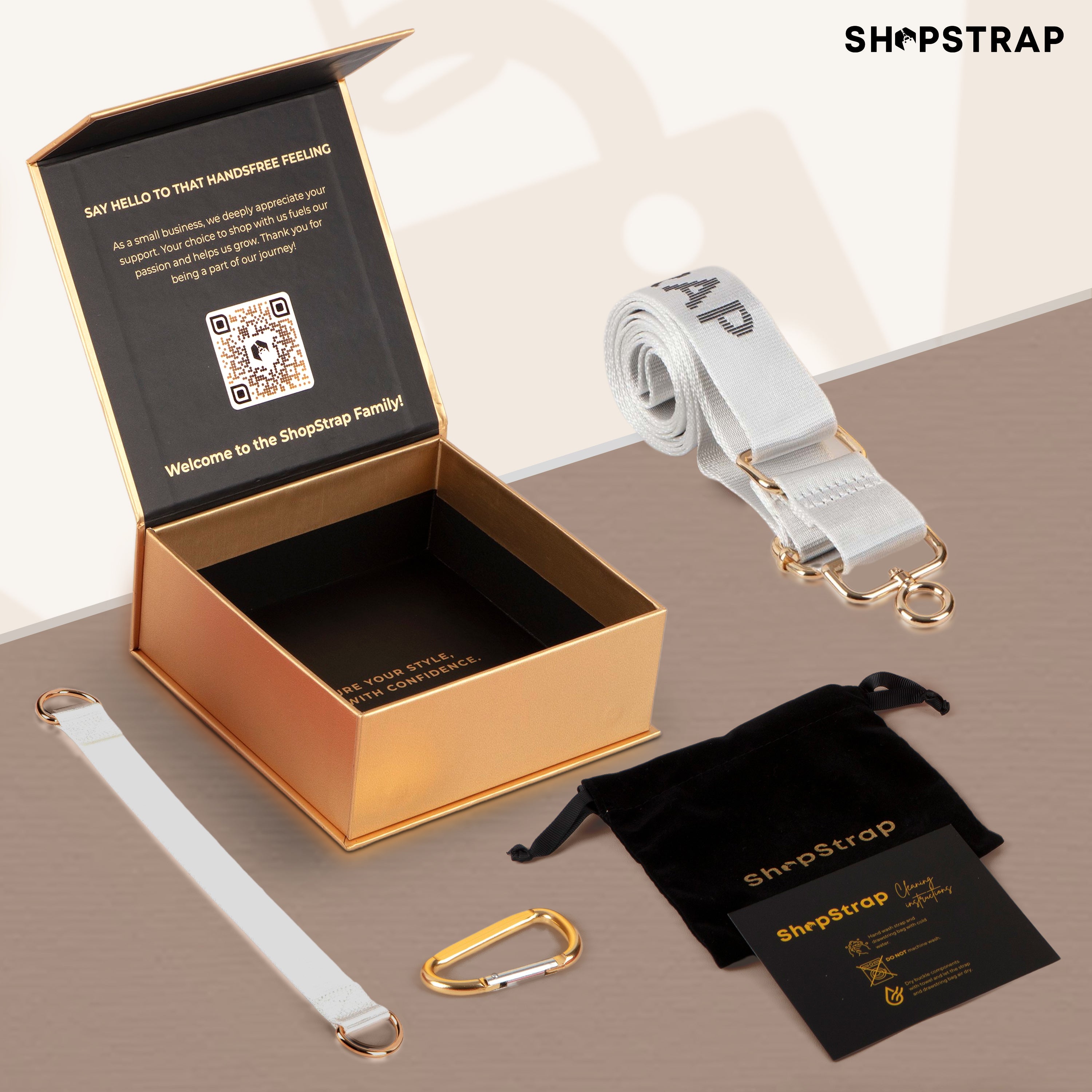 Shopstrap versatile hands-free shopping strap, bag carrier, click and carry, Misty White, The perfect shopping gift.