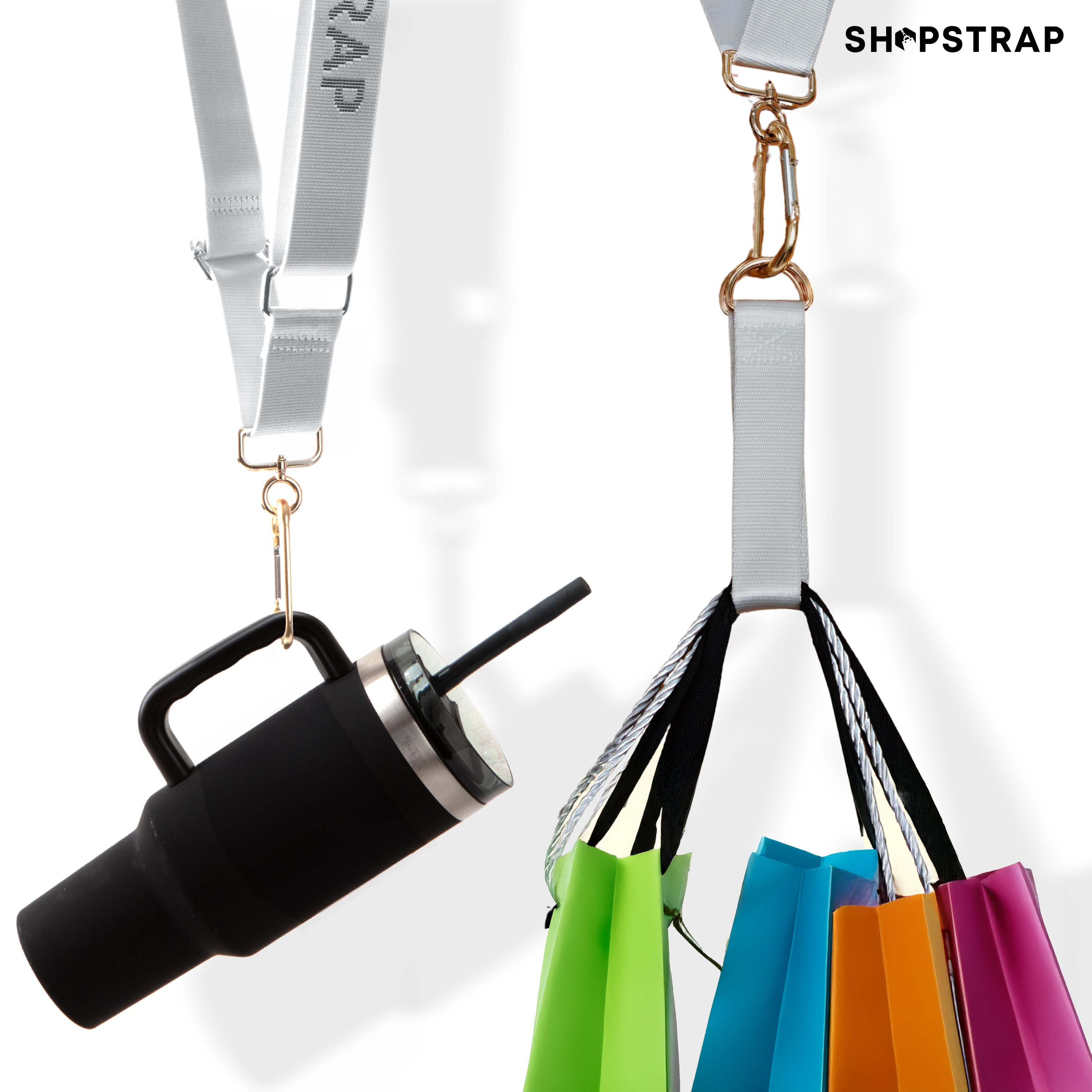 Shopstrap versatile hands-free shopping strap, bag carrier, click and carry, Misty White, multi-purpose, shopping bags, tumblers.