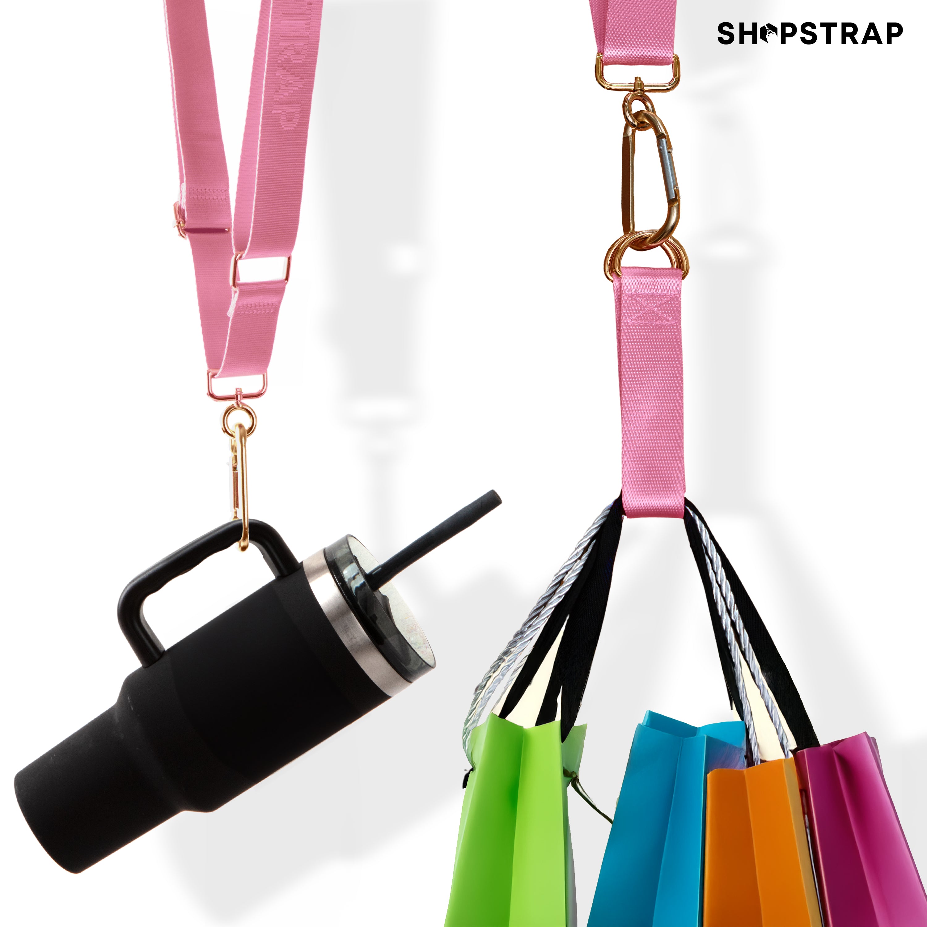 •	Shopstrap versatile hands-free shopping strap, bag carrier, click and carry, Pink Peony, multi-purpose, shopping bags, tumblers.