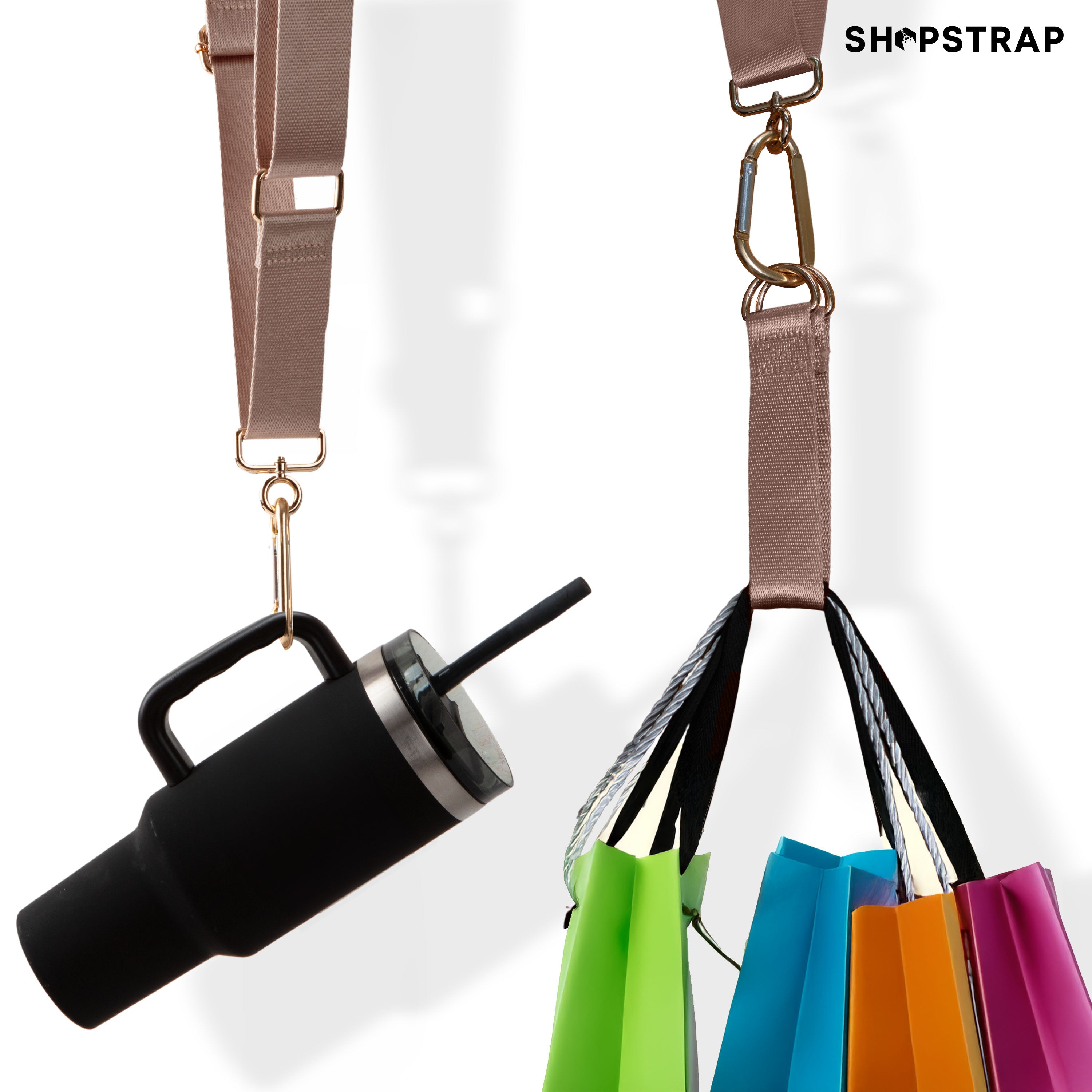 Shopstrap versatile hands-free shopping strap, bag carrier, click and carry, Shopstrap Beige, multi-purpose, shopping bags, tumblers.
