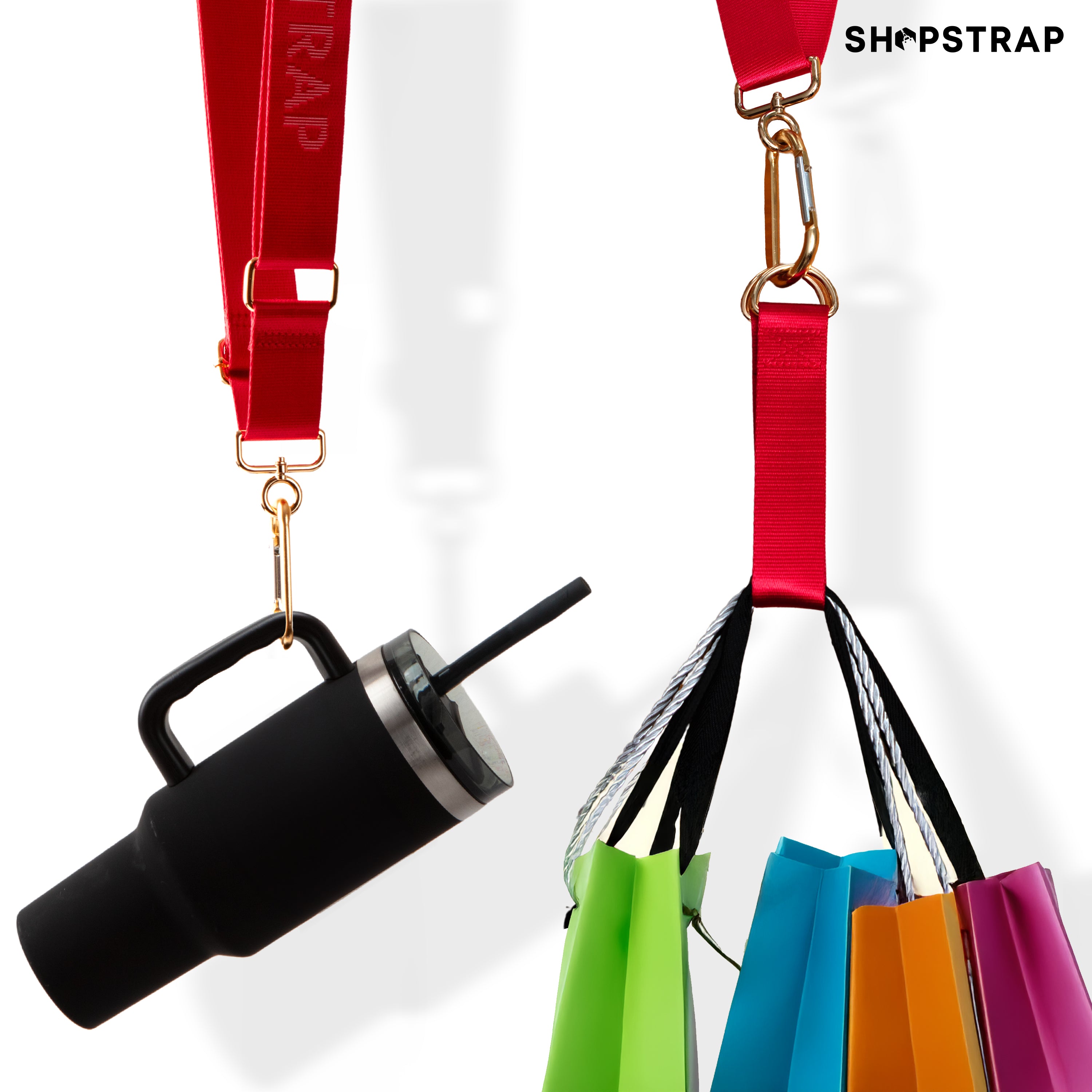 Shopstrap versatile hands-free shopping strap, bag carrier, click and carry, Scarlet Red, multi-purpose, shopping bags, tumblers.