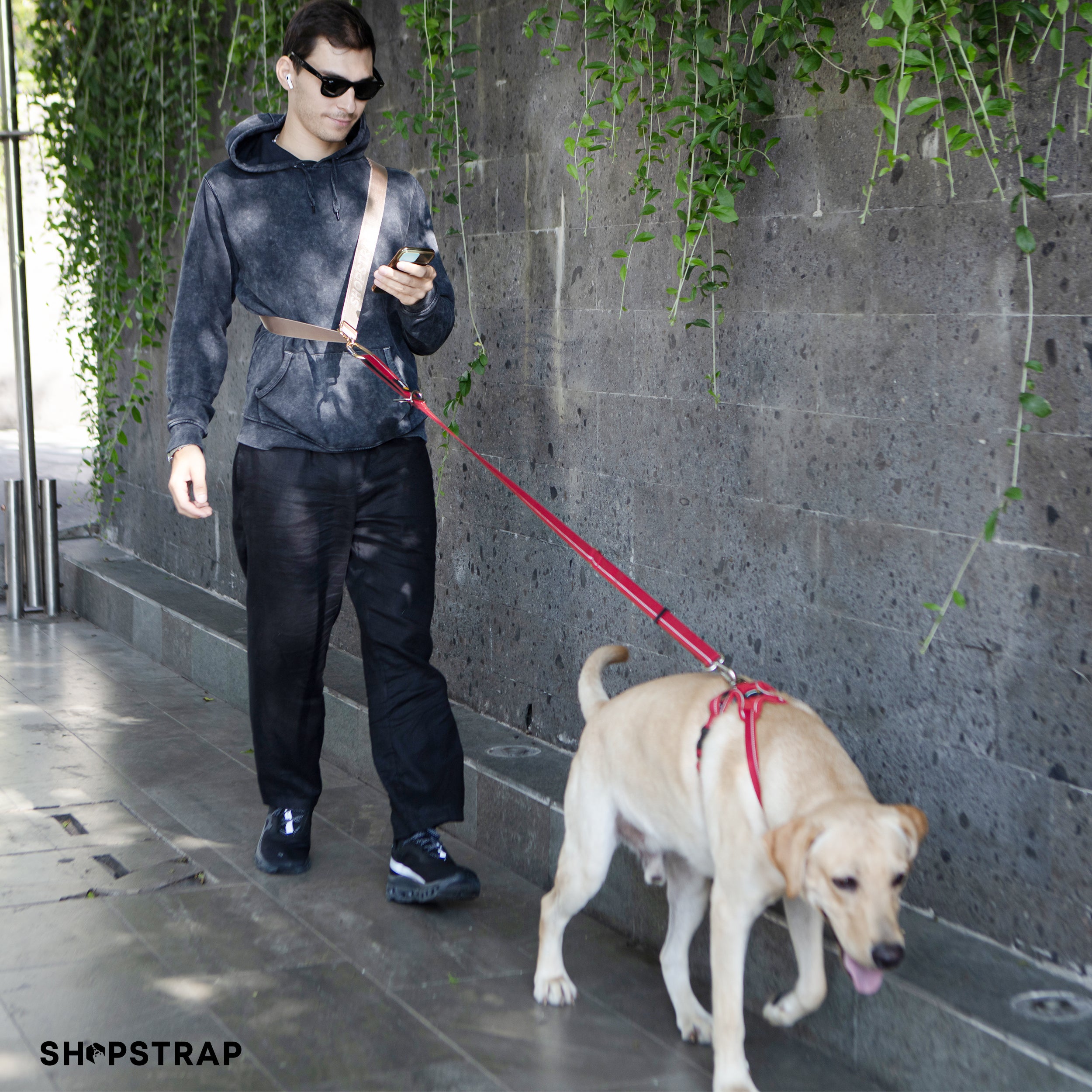 Shopstrap versatile hands-free shopping strap, bag carrier, click and carry, Shopstrap Beige, hands free leash, dog leash.